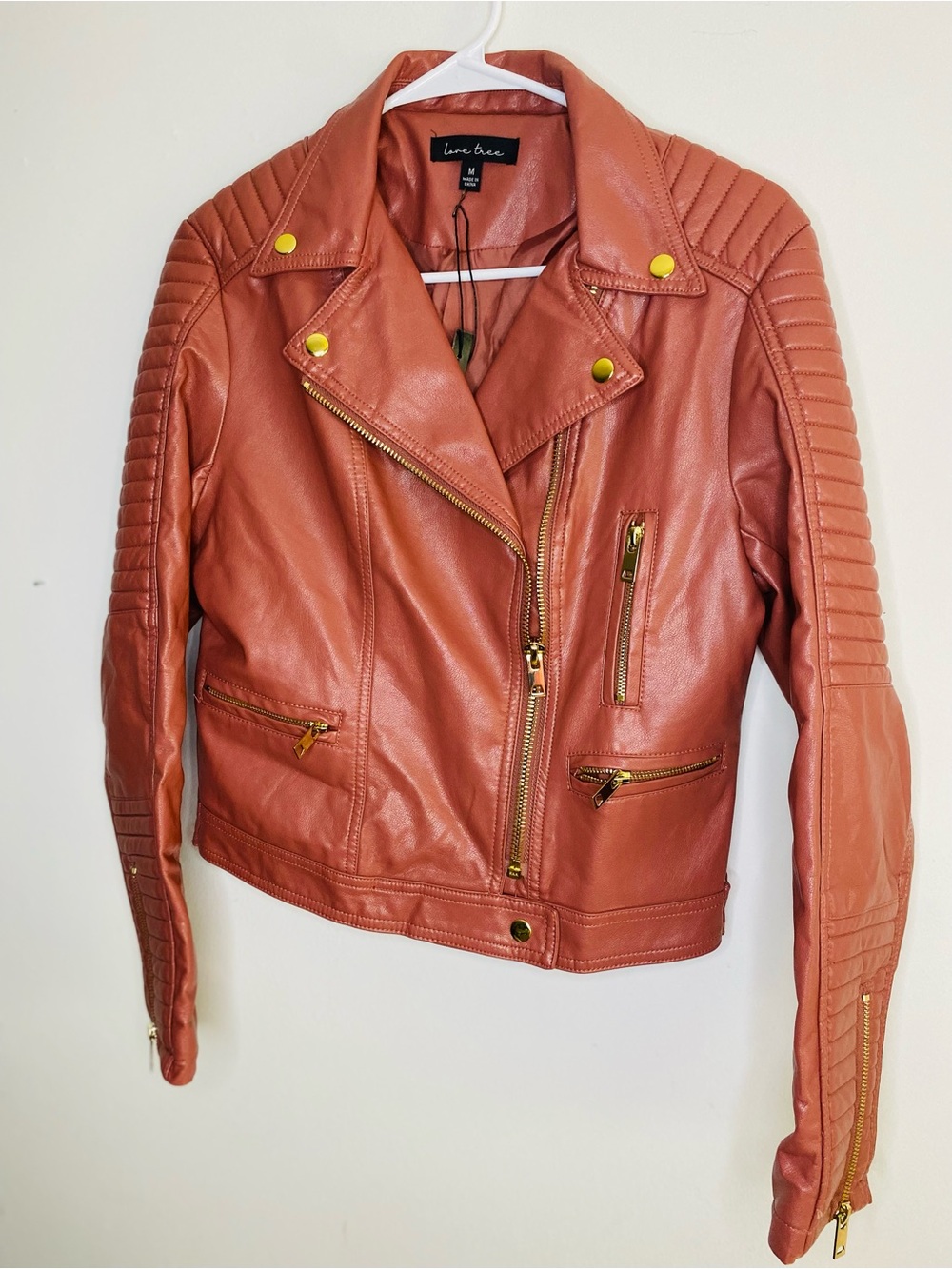NEW Rose Pink Faux Leather Moto Jacket with Gold Tone Zipper & Buttons - Women